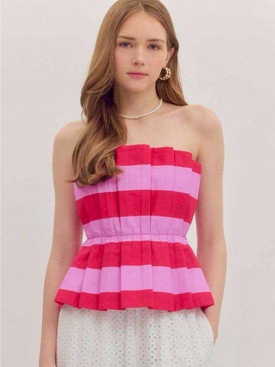 Style USA Tops - Strapless Peplum Top in Pink and Red Stripes